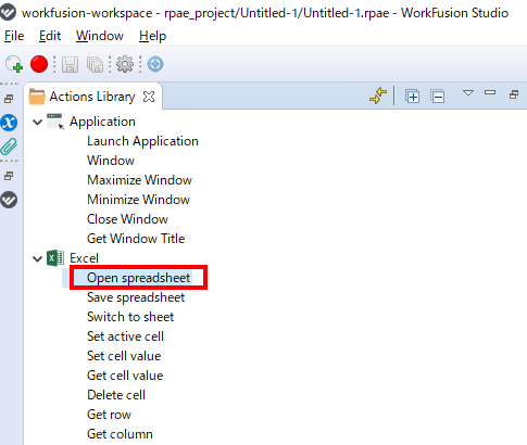 アクションライブラリからExcelを選択し、「Open spread sheet」をダブルクリック