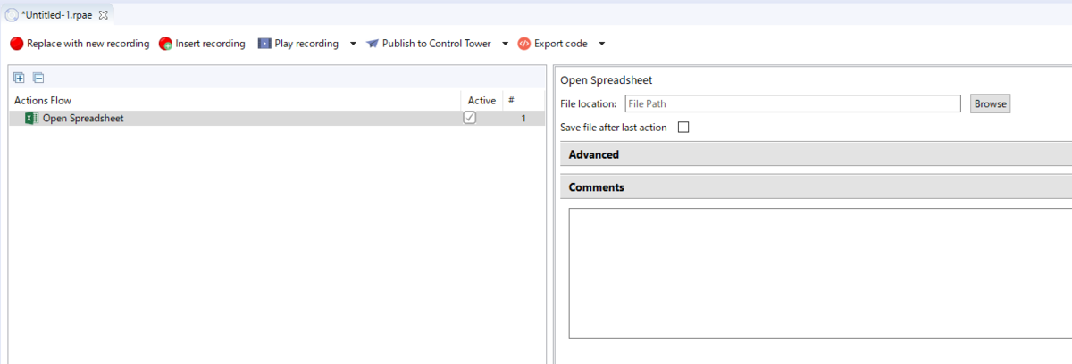 Open Spreadsheetアクションの中身を設定する画面が右のほうに表示された絵