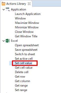 Action Libraryから Set cell value を選択する絵