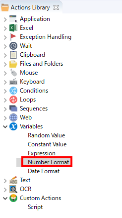 f:id:mutable_yun:20191110040301p:plain アクションライブラリからNumber Formatアクションを選択する画面