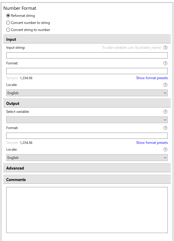 f:id:mutable_yun:20191110040601p:plain Number Formatアクションの設定を行う画面