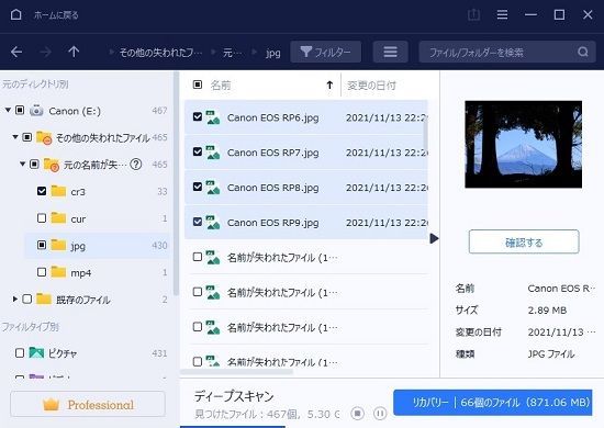 データ復旧ソフトで目的とするファイルを選択