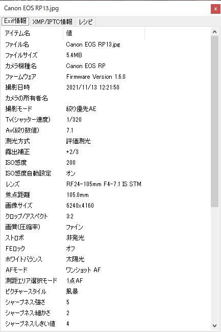 データ復旧したファイルのExif情報