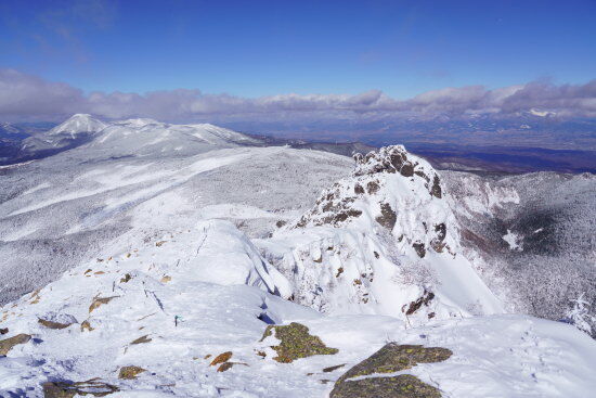 左奥の蓼科山、右手前は天狗岩（東天狗岳山頂より）