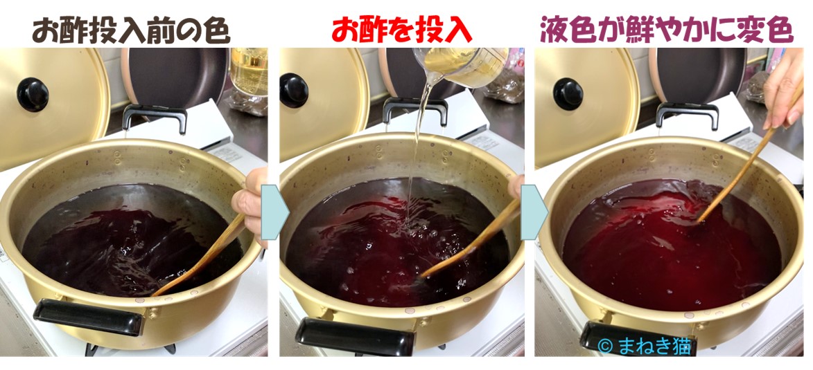 赤シソを煮出した液にお酢を入れている様子－液が暗い青から鮮やかな赤紫に変わる
