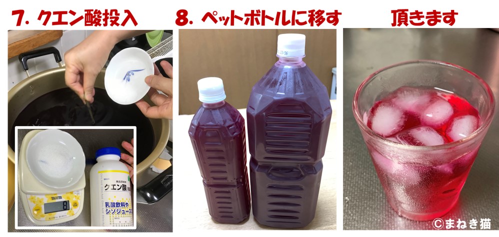 赤シソジュースの作り方手順－７クエン酸を投入しペットボトルの移して完成