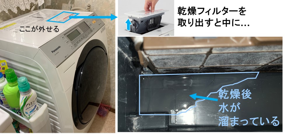 洗濯機の乾燥フィルターを外した中に水が溜まっている