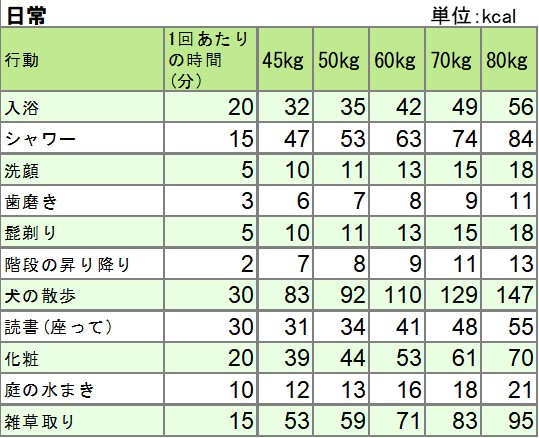 日常の活動での消費エネルギー一覧表