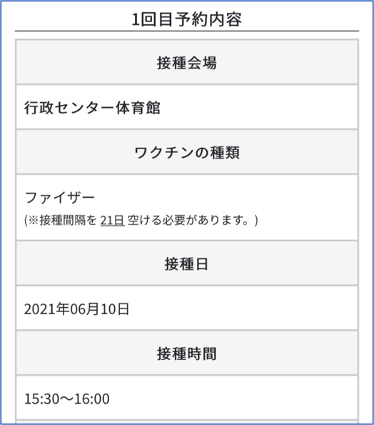 新型コロナウイルスワクチン接種－1回目の予約内容