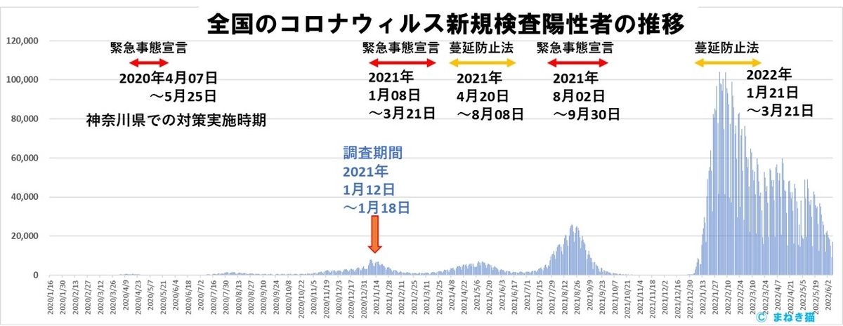 全国でのコロナウイルス新規検査陽性者の推移と調査期間