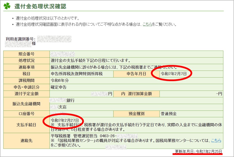 ３－１－確定申告－還付金処理状況の画面－支払い手続きが終了ー令和6年度