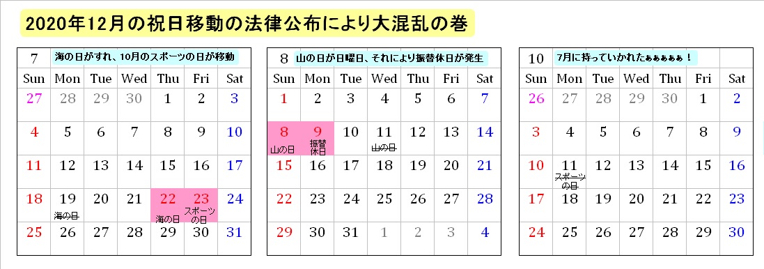 2021年祝日の移動7月、8月、10月