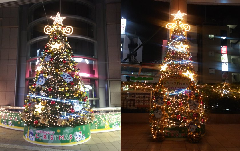 建物の外からクリスマスツリーを見る2023ノクティ12ツリー01