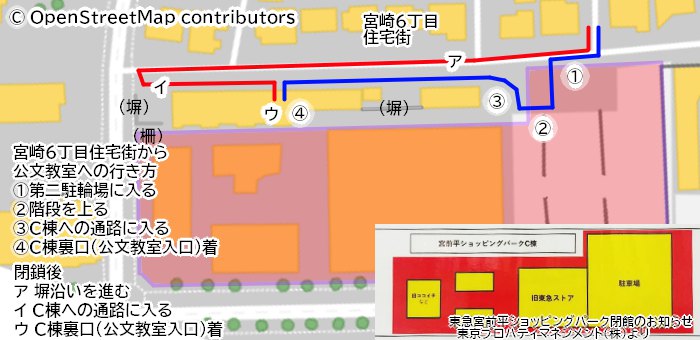 東急宮前平ショッピングパーク閉鎖後の公文教室へのアプローチ