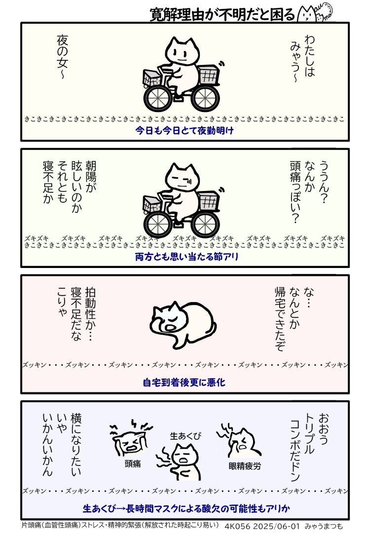 帰宅中頭痛に襲われなんとか家に着いたものの眼精疲労と生あくびとのトリプルコンボになったというみゃうまんが