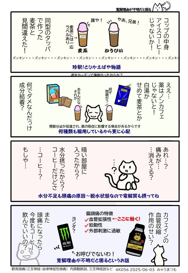近くにあったコーヒーと間違えたがなぜか頭痛がおさまる まさかカフェインの血管収縮作用が偏頭痛の血管拡張を抑えたのか 寛解理由が頭痛薬なのかカフェインなのかわからないので次に同じ状態になったときカフェイン取っていいのかがわからないというみゃうまんが