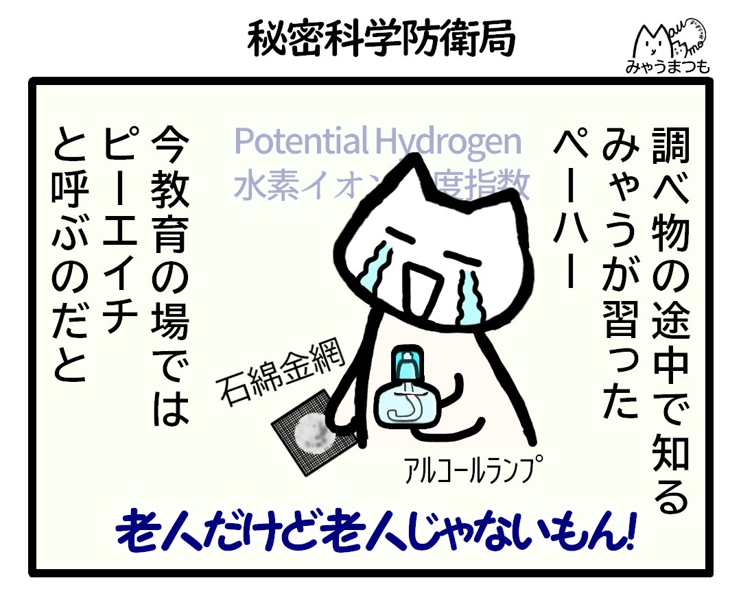 PH1現在PHはペーハーと呼ばずピーエイチと教育の場で呼ぶということに泣きながら石綿金網とアルコールランプをもって老人じゃないもんとなくみゃうまつものイラスト