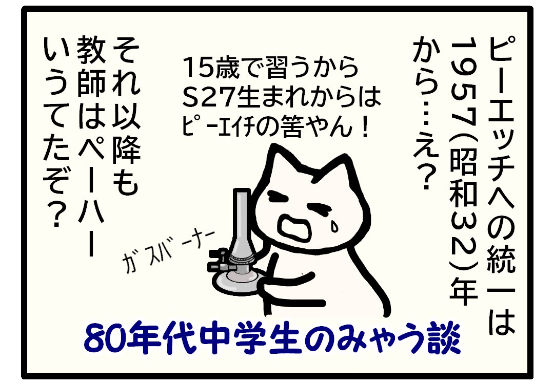 PH3呼称の統一は1957年だがそれ以降もペーハーと教師は言っていた、15歳で習うので昭和27年い稀からはピーエイチとならうはずなのに、と泣きながらガスバーナーを持つみゃうまつものイラスト