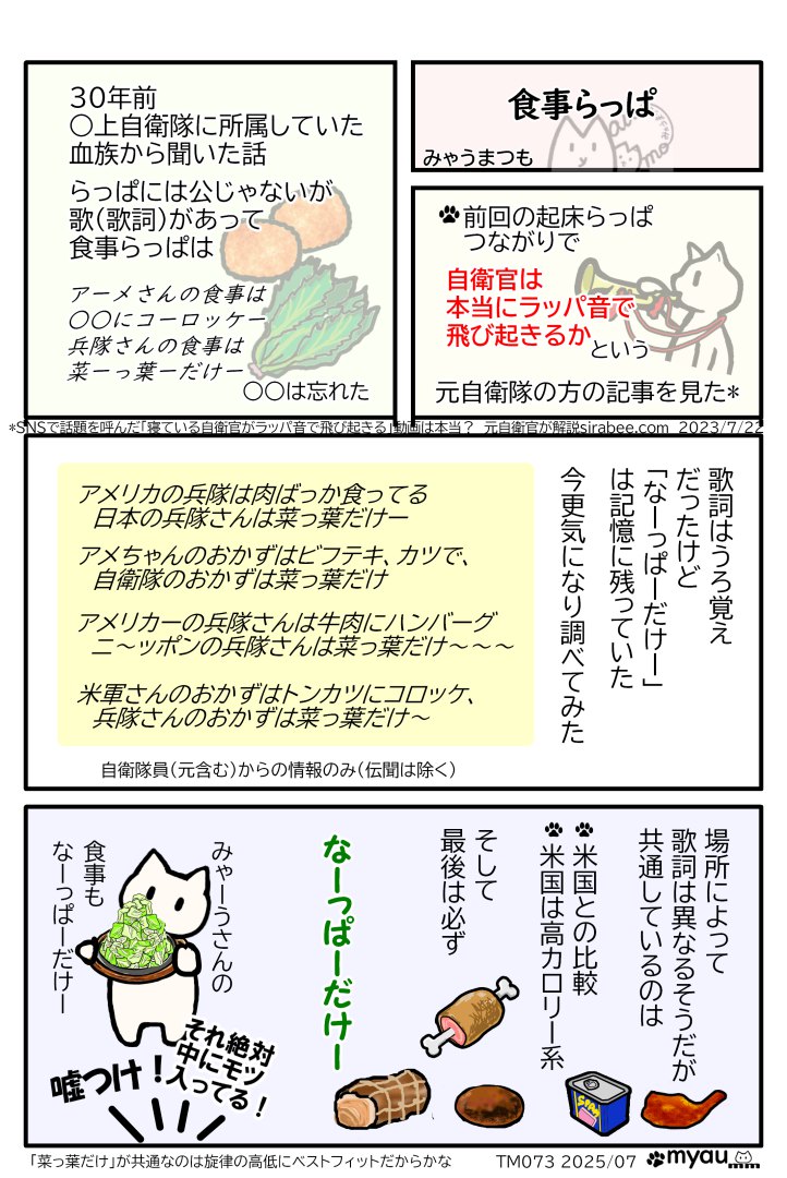 食事らっぱについて　30年前に効いた食事らっぱの歌詞　うろ覚えだったので調べたらいくつかあって共通しているのは①アメリカと比較している②アメリカは高カロリー③そして最後は必ず「なーっぱーだけー」で終わる　というみゃうまんが