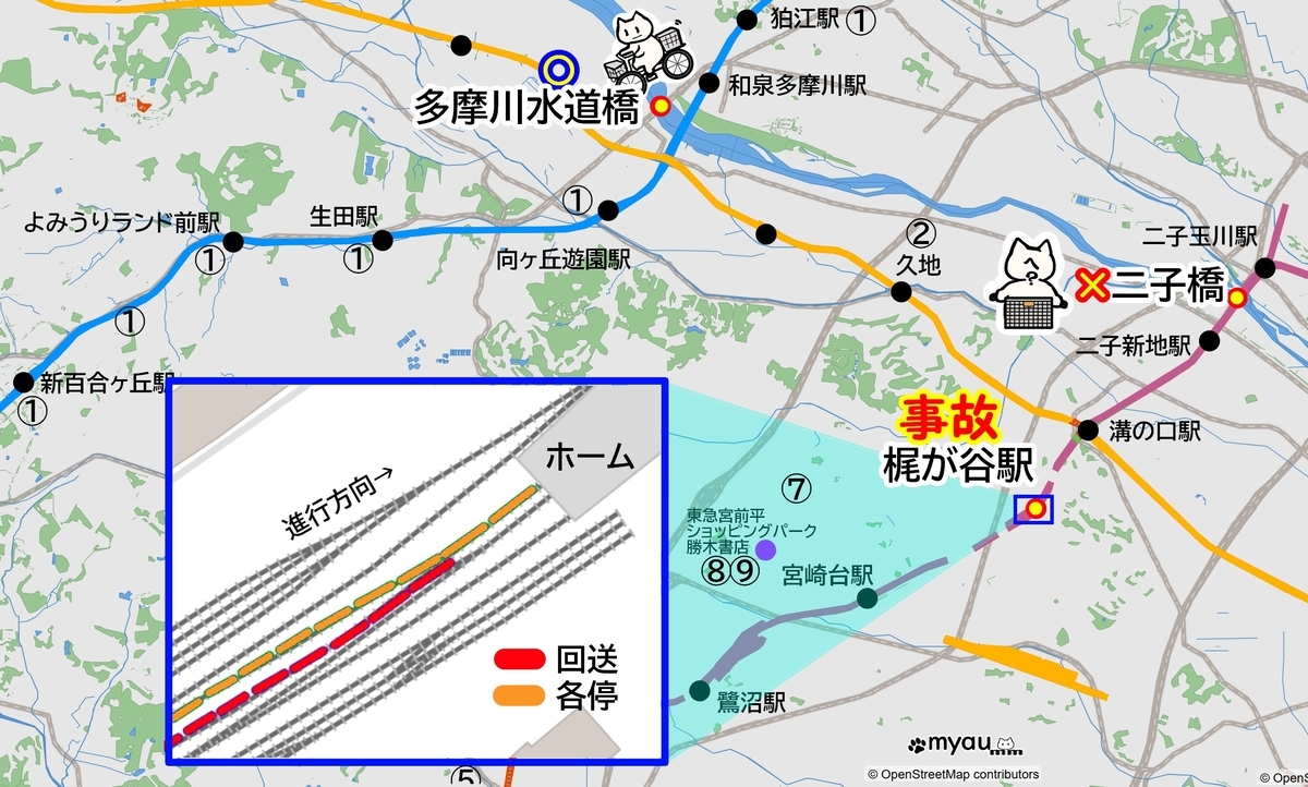 田園都市線衝突脱線事故周辺地図とみゃうまつものその日の行動範囲