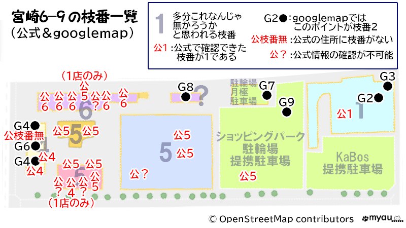 公式とgooglemapで見つかった宮崎6丁目9の枝番を地図に載せてみた