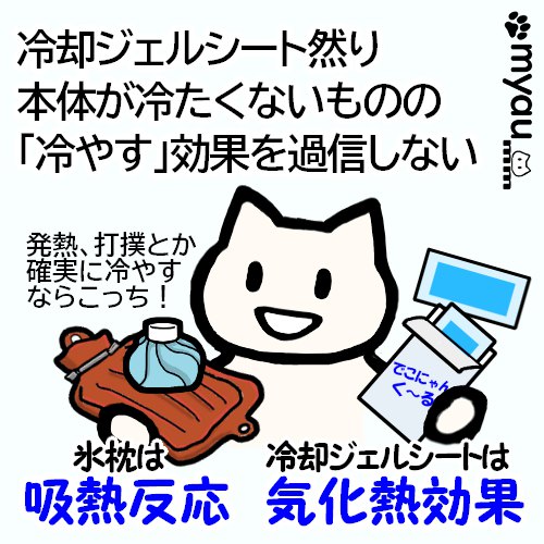 冷却ジェルシート然り本体が冷たくない者の冷やす効果を過信しない、氷枕は吸熱反応、ジェルシートは気化熱反応 発熱や打撲など確実に冷やしたいときは氷枕、という文章と氷枕とジェルシートのイラスト