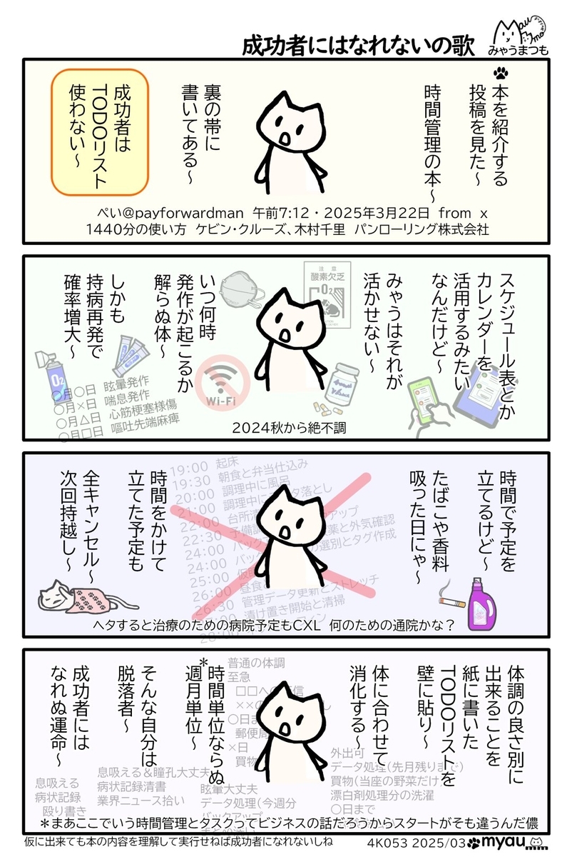 時間管理の本裏の帯に書いてある「成功者はTODOリスト使わない」「スケジュール表やカレンダーを活用する」らしいが自分にはそれが行かせない、時間で予定を立ててもたばこや香料吸った日にゃ時間をかけて立てた予定も全キャンセル次回持越しなのだ。だからメモ書きでリストを作って今日、いまの体調で出来ることをつぶしていく方法しかないと嘆く漫画　仮に本の通りに出来ても本の内容を理解して実行せねば成功者になれないしねと言うコメントと共に