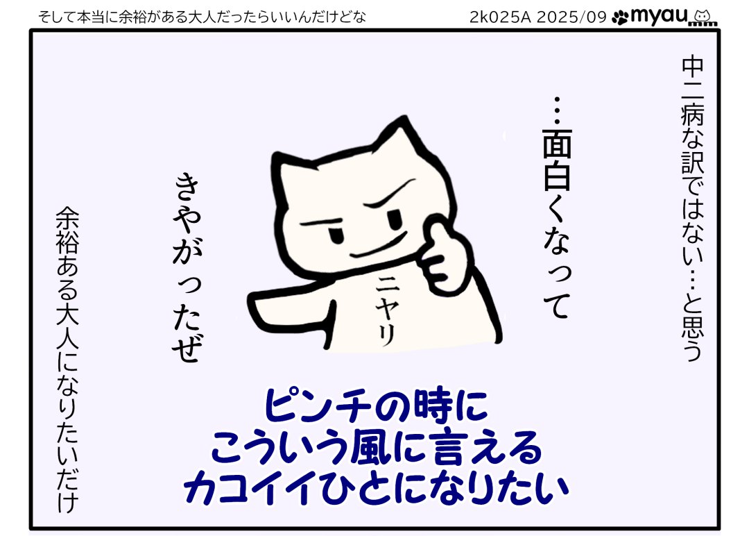 「…面白くなってきやがったぜ」ピンチの時にこういう風に言えるカコイイひとになりたい(中二病な訳ではない…と思う　余裕ある大人になりたいだけ)と言う文章と余裕そうな雰囲気を見せて親指を立てるイラスト　