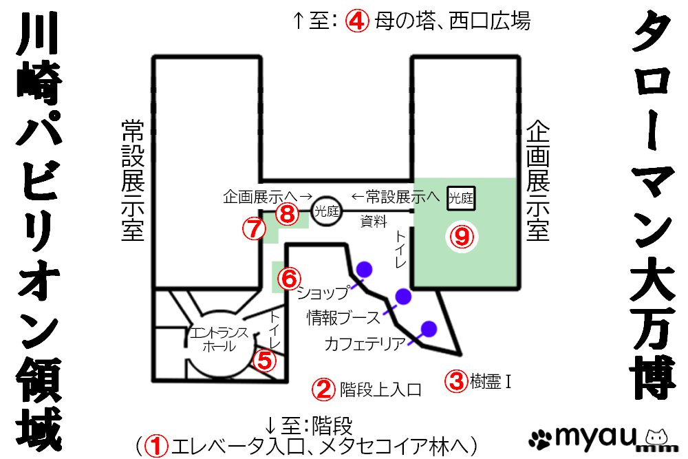 川崎市岡本太郎美術館「タローマン大万博川崎パビリオン」　美術館施設案内図にタローマン点字に関係する場所を色で示した図