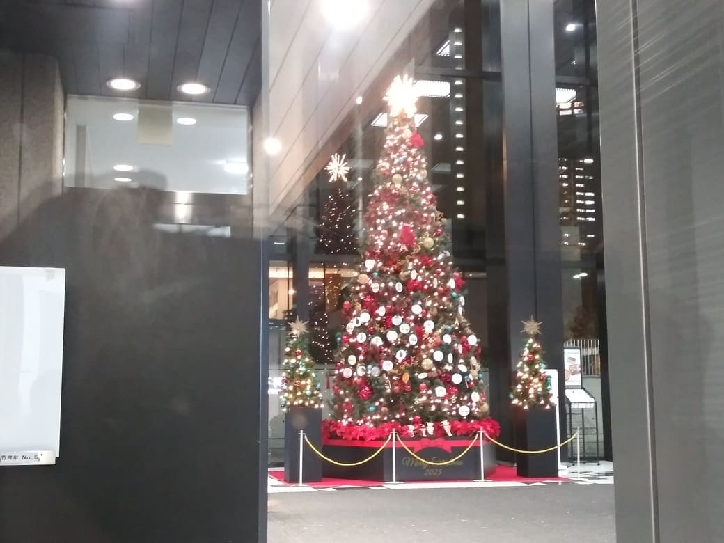 西新宿2_新宿三井ビルディングのクリスマスツリーを入口右のガラス壁の外から撮影