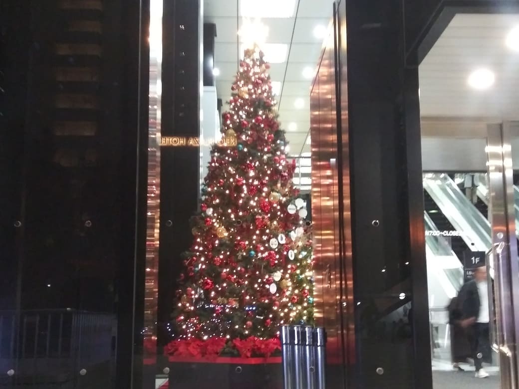 西新宿2_新宿三井ビルディングのクリスマスツリーを左側のガラス壁越しに外から撮影
