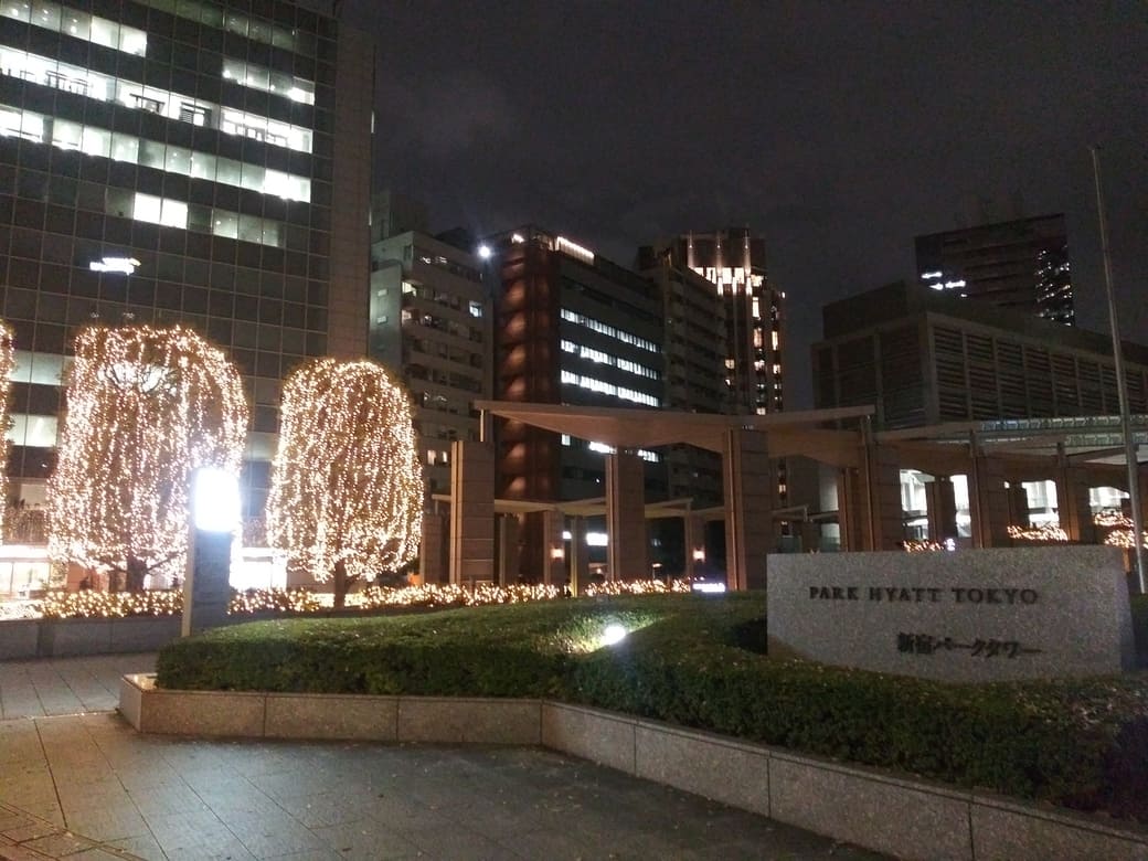 西新宿3_新宿パークタワーのウインターイルミネーション2025　パークハイアット入口から眺めるライトアップ