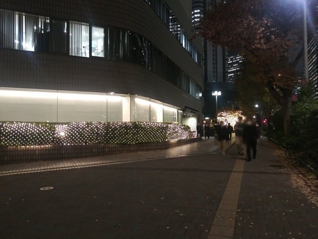 西新宿6_ヒルトン東京(新宿国際ビルディング)のイルミネーションを新宿中央公園北交差点から撮影　新宿国際ビルはオフィス棟からヒルトンホテルまで電飾が続く