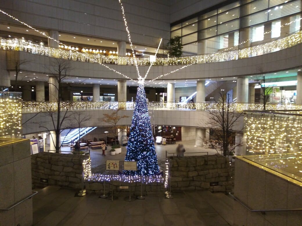 西新宿3_東京オペラシティ_サンクンガーデンのクリスマスツリー全体_　高さ8mのメインツリーを中心に、サンクンガーデンやガレリア、石階段に電飾が施され、シャンパンゴールドの華やかな光で彩ります。