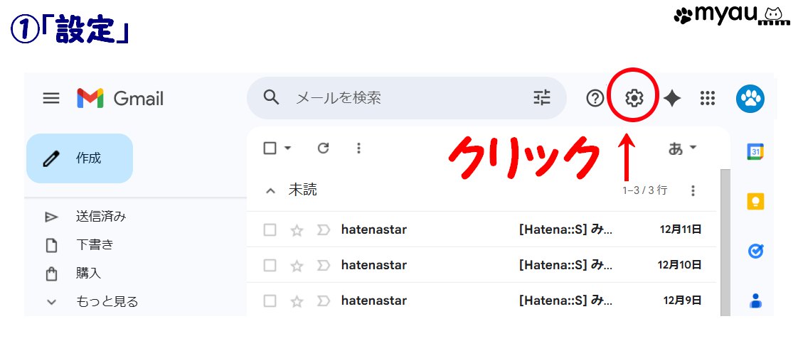 2026/01からのGmail仕様変更に際し、ブラウザ版使用者で機能制限の対象になるかを確認する方法「①Gメールを起動して設定をクリッる」の文章と図説