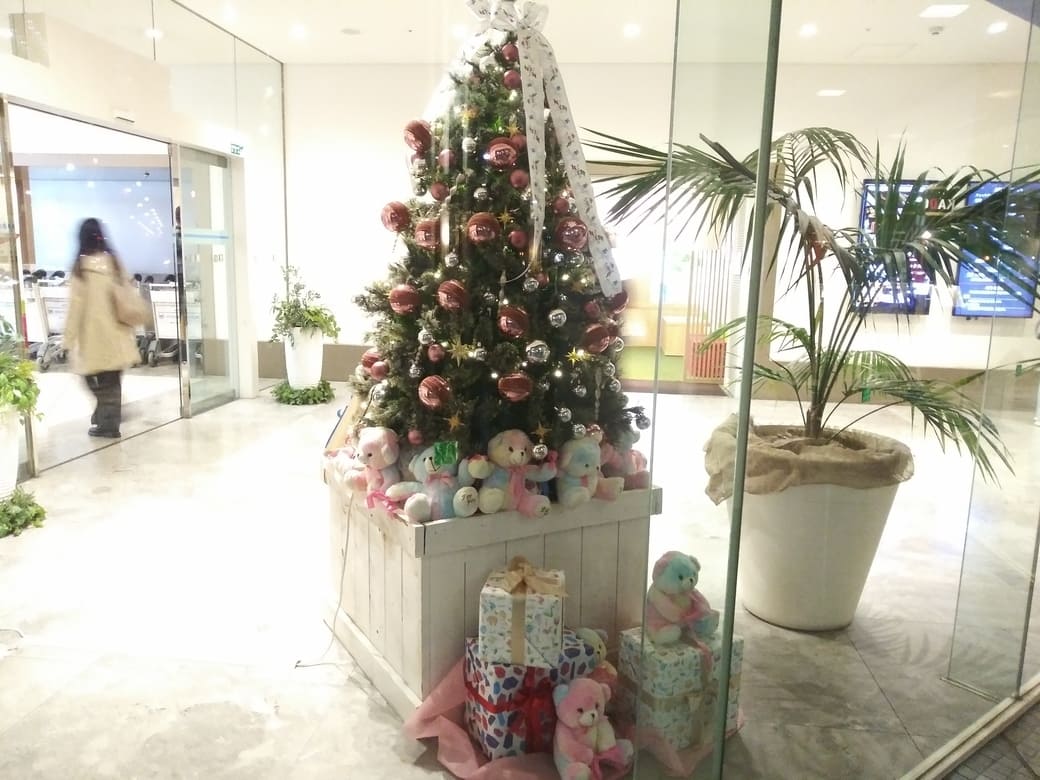 新宿ワシントンホテル本館のクリスマスツリー　2025年は靴下がぶら下がっていないように見える、しかしツリーの根元と植木鉢のわりに葉パステルカラーヌイグルミベアとプレゼントの包みが置いてあった