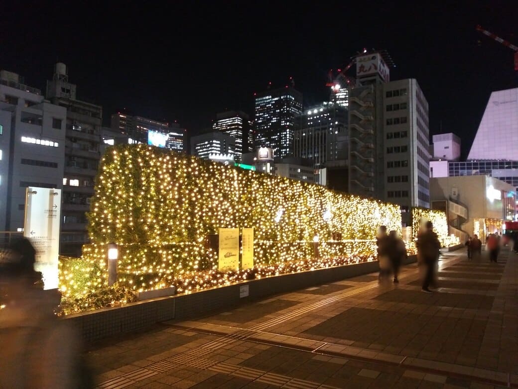 新宿南口_新宿サザンテラス_遊歩道　スターバックスコーヒー付近　ここの植え込みにも金色の電飾が輝いている