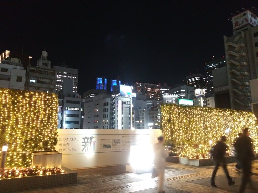 新宿南口_新宿サザンテラス_遊歩道　かつてこの後ろにはＪＲ新宿ビルがあったが今は解体され更地になったままの為、青くライトアップされた都庁が映っている