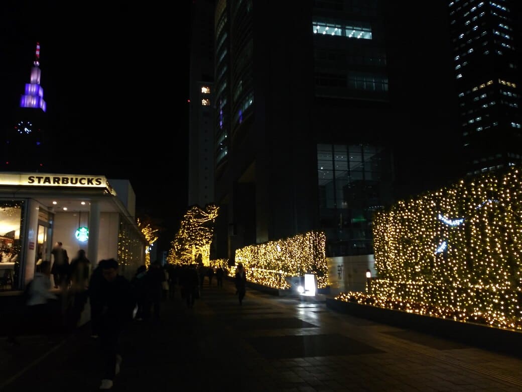 新宿南口_新宿サザンテラス_遊歩道　ＪＲ新宿ビルのあった付近を新宿駅側から撮影　左がスターバックス、後ろに見えるのはドコモタワー
