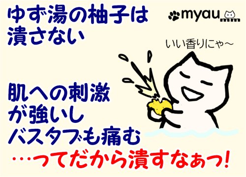 柚子湯の柚子はつぶさない。肌に刺激が強すぎるしバスタブも傷む…って言ってるのに潰すんじゃない!と言う文章と、いい香り~と笑みを浮かべて柚子をつぶすイラスト