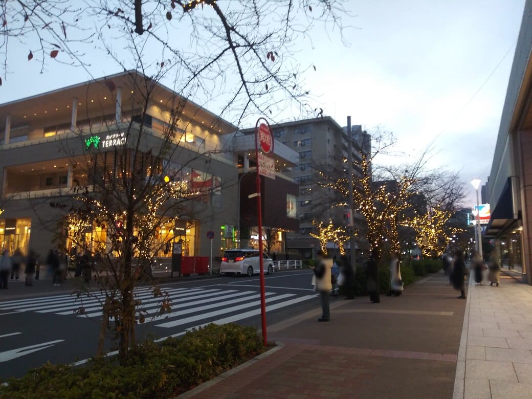 たまプラーザのクリスマスイルミネーション2025　ノースプラザ(東急百貨店たまプラーザ店)正面入口からイトーヨーカドー方面を撮影