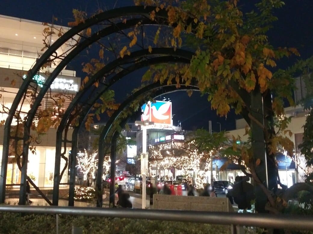 たまプラーザのクリスマスイルミネーション2025年_GATE PLAZA_カルディから交番までの通路　アーチから覗くイトーヨーカドーのハト看板