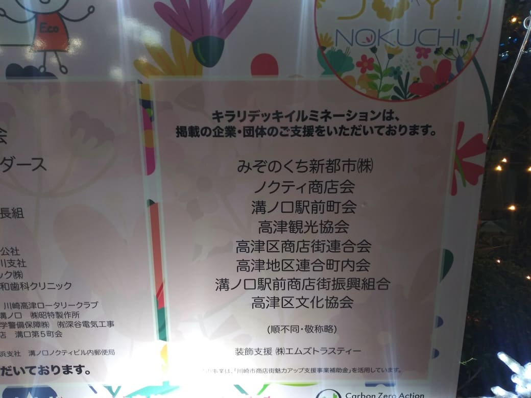 2025年第26回 溝口駅前 キラリデッキイルミネーション ノクティ1前に設けられた支援者名一覧
