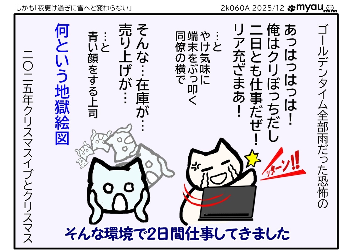 クリスマスイブもクリスマスも夜に雨！の二〇二五年　あっはっはっは！俺はクリぼっちだし二日とも仕事だぜ！リア充ざまあ！とやけ気味に端末をぶっ叩く同僚の横でそんな…在庫が…売り上げが…と青い顔をする上司何という地獄絵図　そんな環境で仕事して帰宅しました　と言う文章と　笑って怒りながら端末を部叩く同僚とムンクの叫びのポーズで慄く上司のイラスト