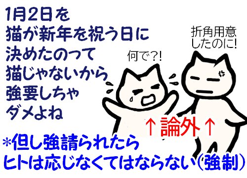 1月2日を猫の正月に決めたのは人なので強要してはいけないよね、ただh氏根から強請られたら応じなくてはならない(矯正)と言う文字と、猫に勝手にお祝いさせようとして気に入ってもらえなかったら怒ったり何でと鳴いたり巣ロのは論外だと示すイラスト