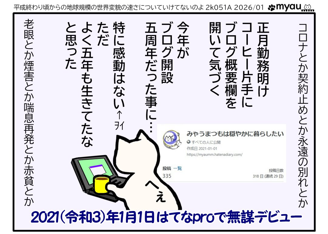 2026年元旦仕事から帰ってコーヒー片手にはてなブログを確認していて気付いた、今日は開設5周年という事に、感動はないが良く五年間生きてくれたなとは思った　2021年1月1日はてなproブログ無謀デビュー　の文字と、「作成日2021-01-01」と書かれたはてなブログ概要ページのスクショ、それを珈琲片手に眺めるイラスト
