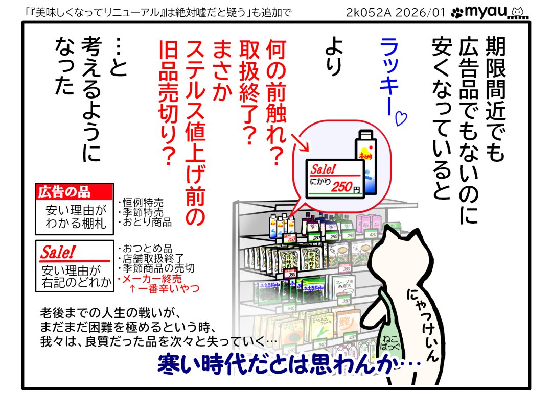 スーパーで広告の品でもなく期限間近でもない品が安く売られていると、昔はラッキーと思ったのに今では店舗取扱終了品かそれともメーカーリニューアル前の旧商品売り尽くしなのかという考えが先に浮かぶ寒い時代になったという漫画