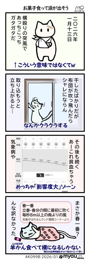 2026年1月13日　強風、布団を取り込もうと立ち上がるとめまいがする、おさまらないのでこれは気象病の眩暈と知る　気象庁のサイトを見ると、ドンピシャで影響の強い気圧の低下であることがわかる、あまりの強風に春一番かと思うも、気象庁のQAを見たら「春一番は立秋から春分までに最初に吹いた強さ8以上の南風」とあるので違うらしい、ようかん食べて横になってやり過ごそう本当は砂糖も控えた方が自律神経に良いのだが　という漫画