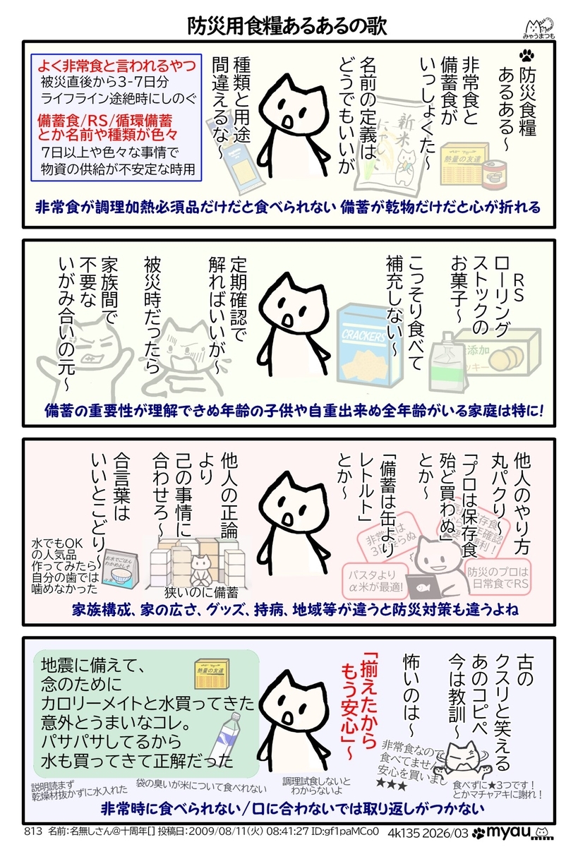 防災備蓄食料あるある　非常食と備蓄をごっちゃにする、循環備蓄を平時に食べちゃって報告しない、誰かの備蓄方法を鵜呑みにする、買っただけで安心する