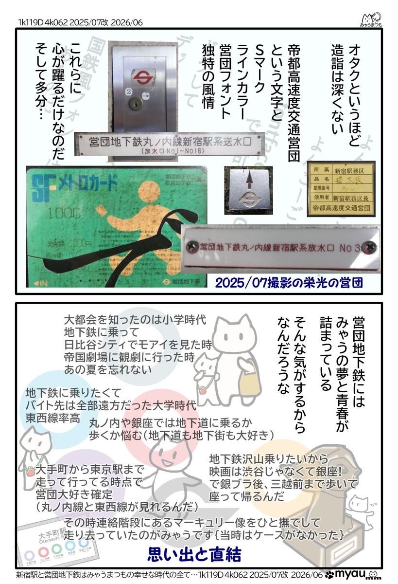 営団地下鉄について Sマーク、ラインカラー、営団フォント、独特の風情に心が躍る、という事と、それらが現存している写真を添えているイラスト 営団地下鉄に魅かれるのはそれ自体が良いということ以外に幸せだった頃の思い出に直結しているからだろうという実例が書いてあるイラスト